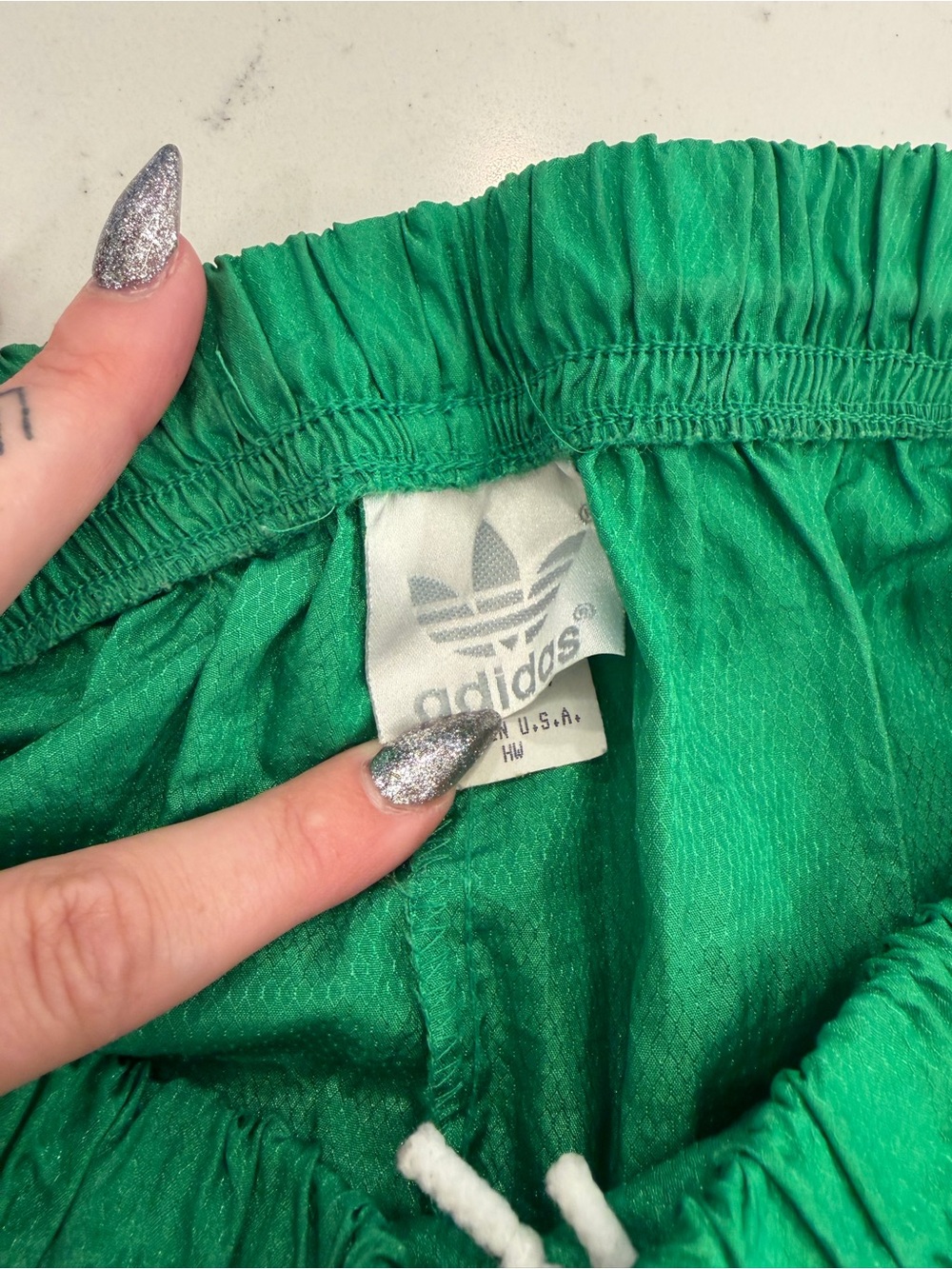 VINTAGE womens 90’s Adidas Nylon Athletic Shorts Green 3-Stripe medium HIGH RISE - Picture 5 of 5